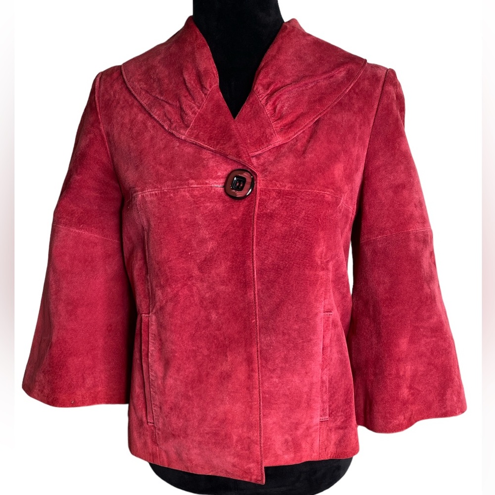 In SUEDE Women's Coat Jacket Suede Maroon Leather Jacket 80s | Size Small Red